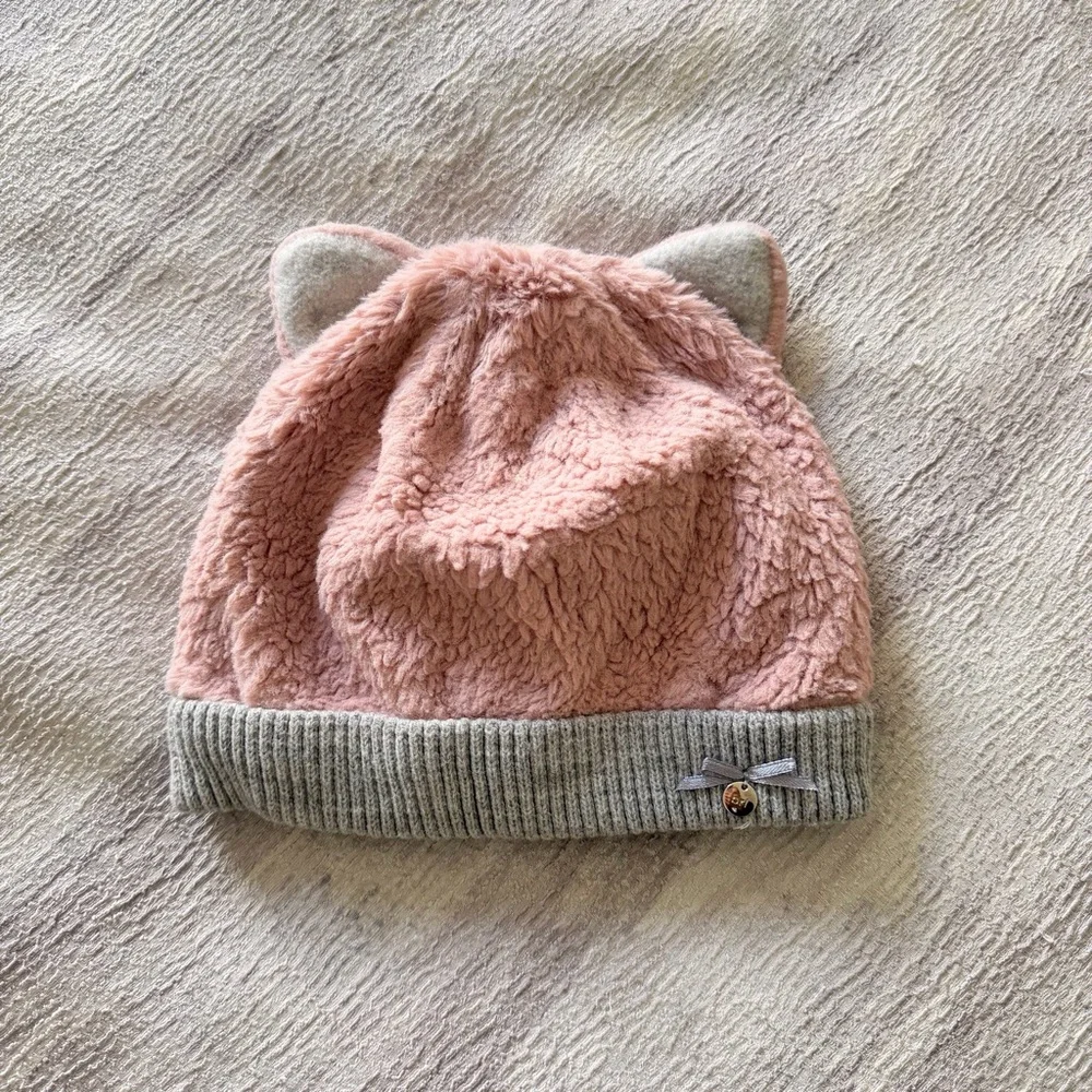 Kids Pink Plush Cat Ear Beanie Hat with Gray Trim, Size 4-6